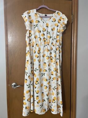 Lemon-Print Flutter Sleeve Dress - White & Yellow